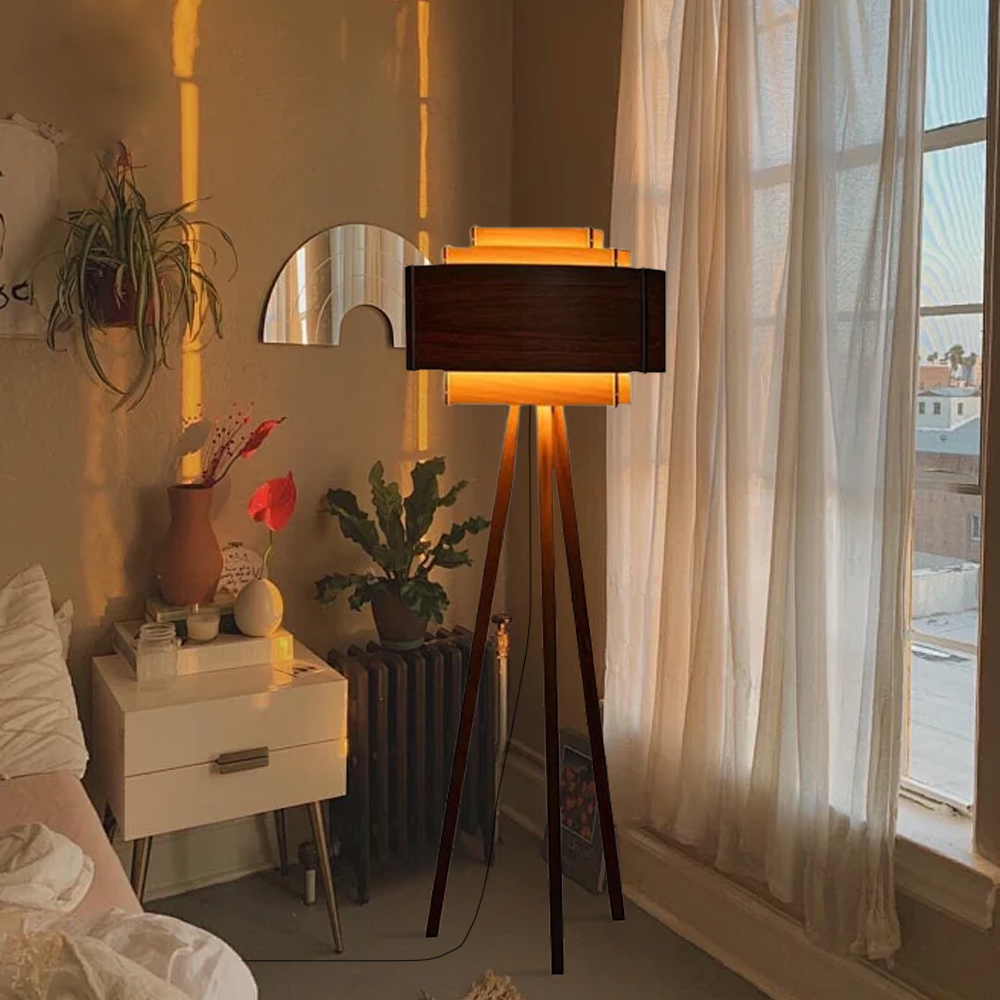 Modern Solid Wood Tripod Brown Living Room Floor Lamp