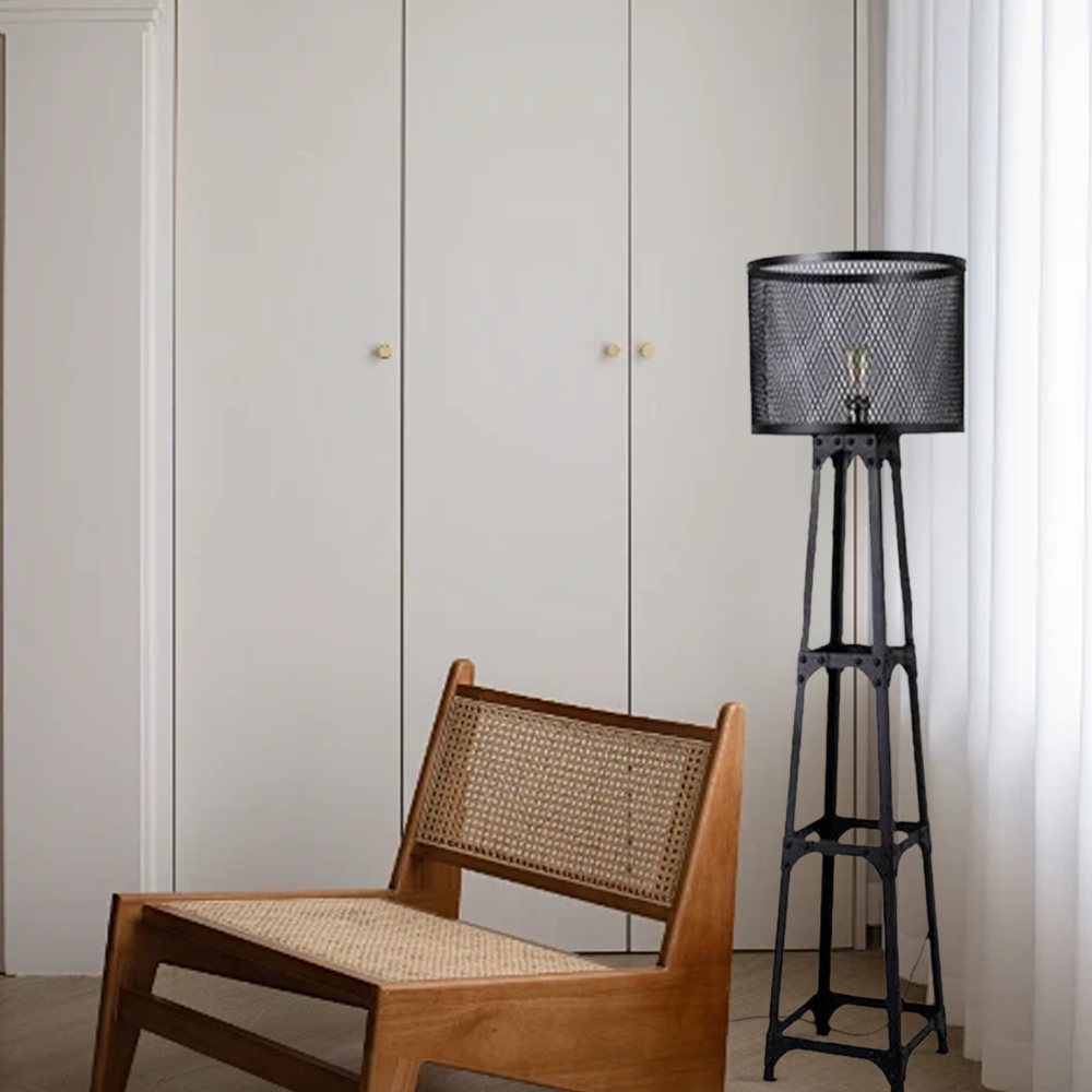 Industrial Metal Mesh Screen Balcony Floor Lamp Black Bedroom