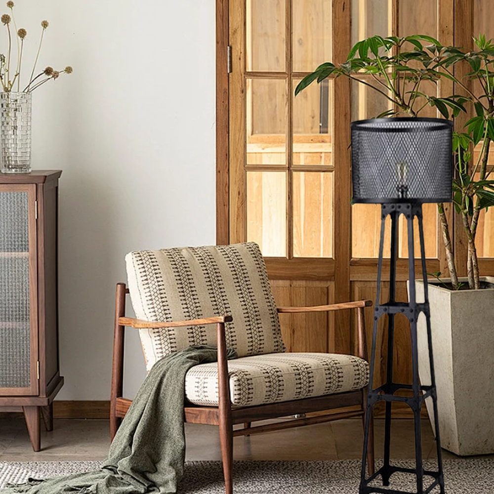 Industrial Metal Mesh Screen Balcony Floor Lamp Black Bedroom