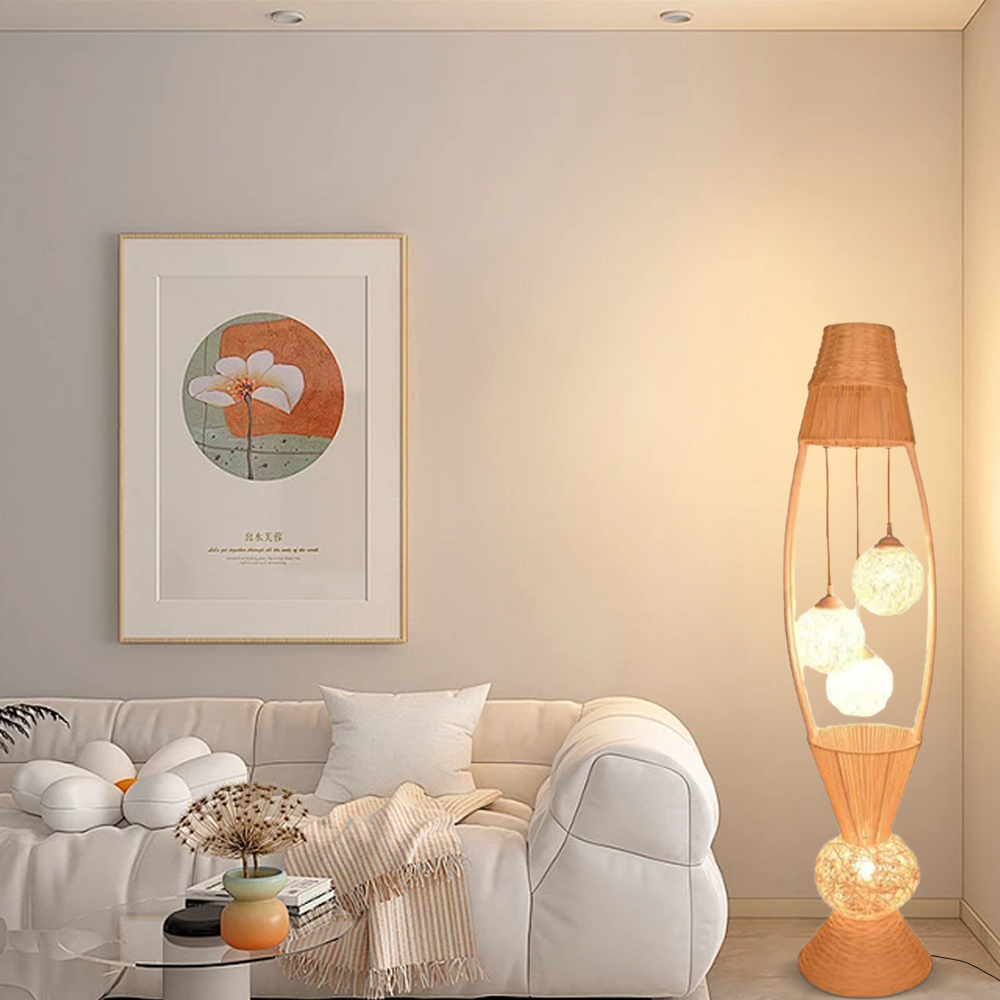 Rustic Bamboo Fish Basket Burlywood Floor Lamp Living Room