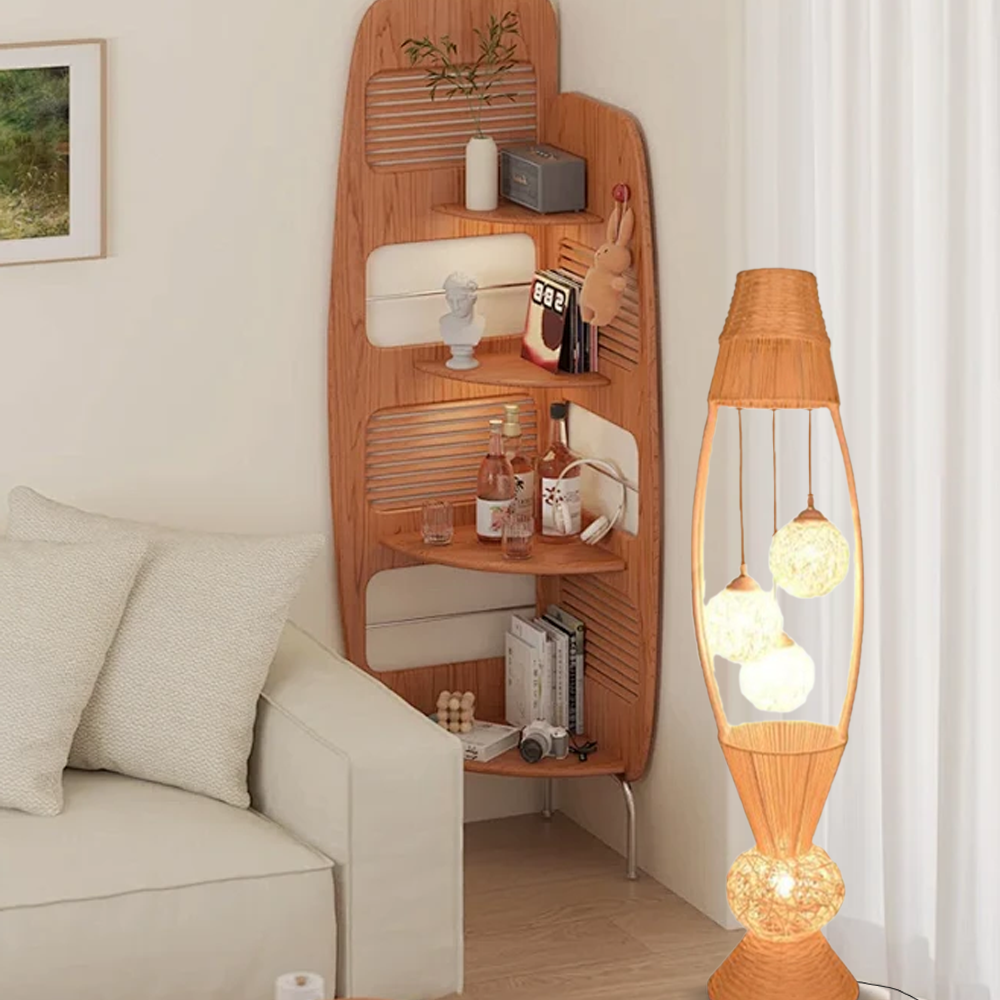 Rustic Bamboo Fish Basket Burlywood Floor Lamp Living Room