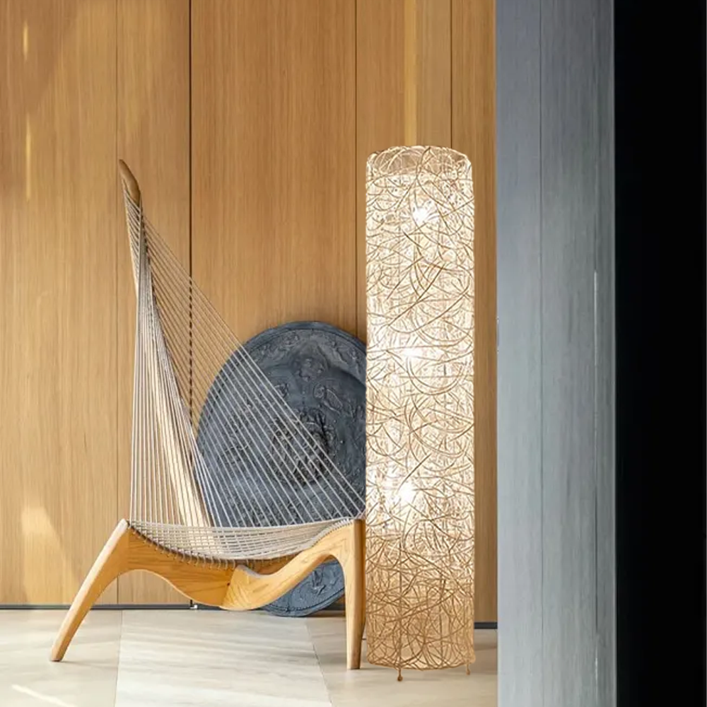 Industrial Rattan Cylindrical White Floor Lamp Living Room