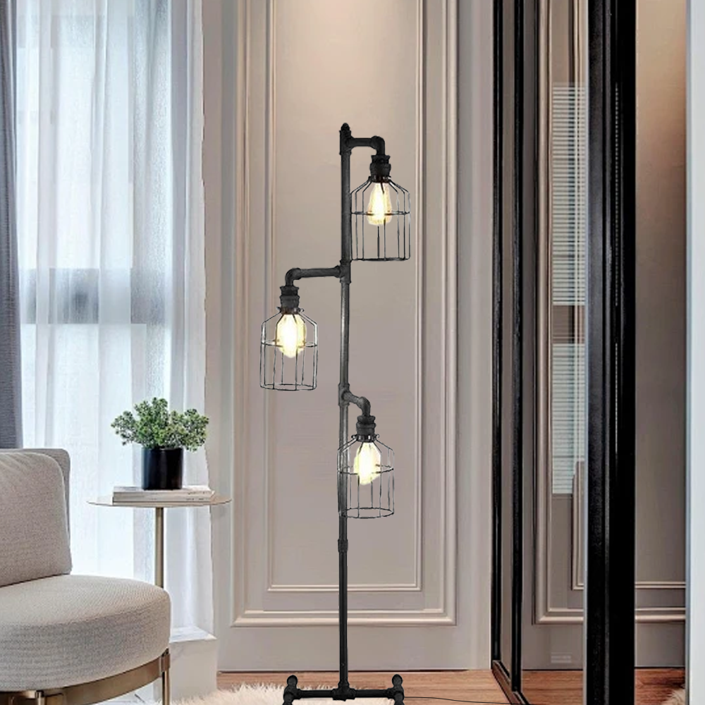 Industrial Metal Bird Cage Living Room Floor Lamp Black