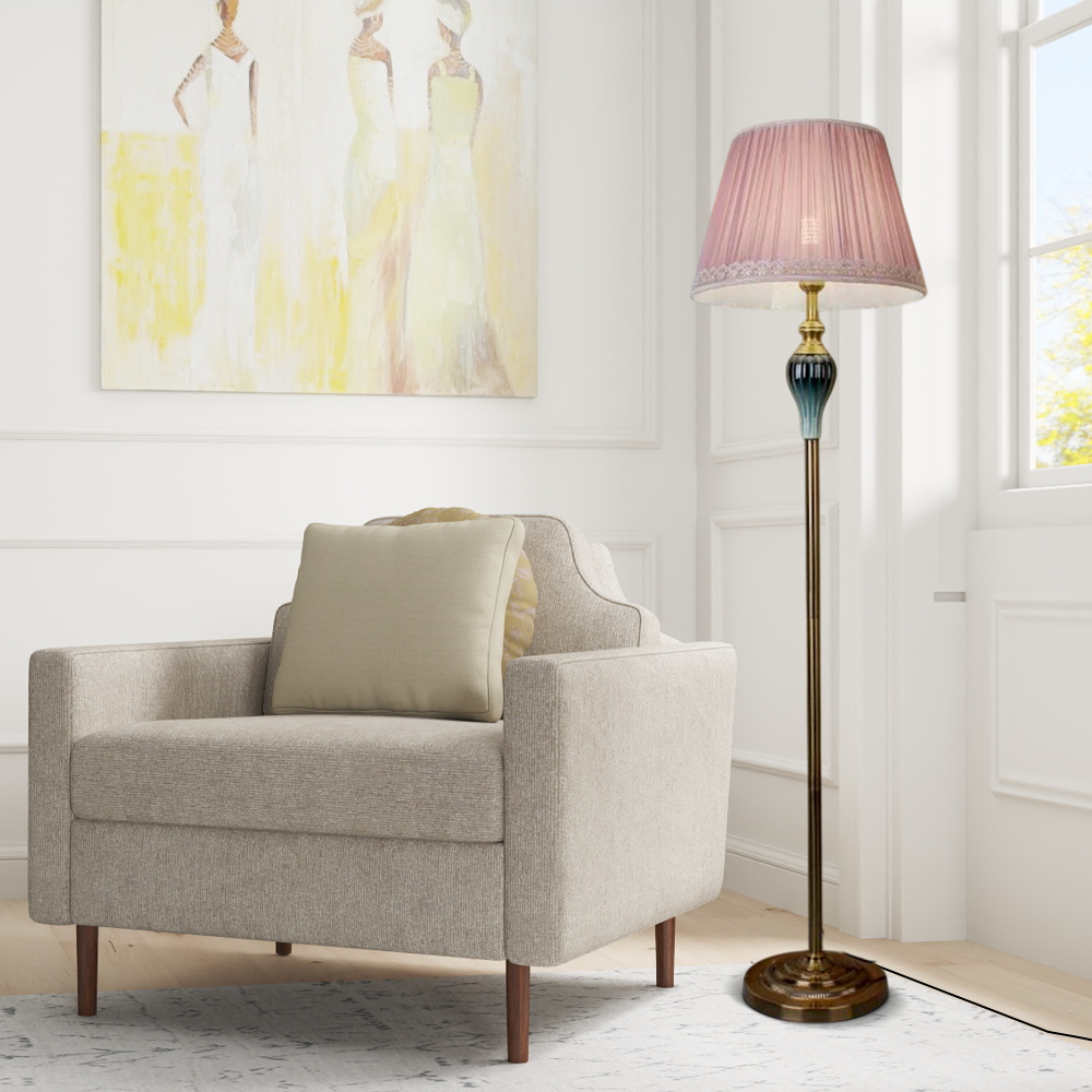 Vintage Metal Fabric Cylindrical Beige Floor Lamp Living Room