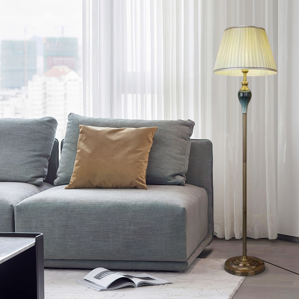 Vintage Metal Fabric Cylindrical Beige Floor Lamp Living Room