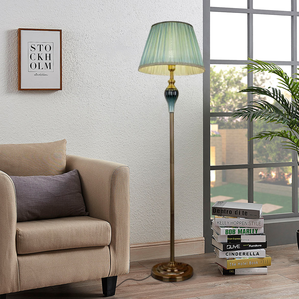 Vintage Metal Fabric Cylindrical Beige Floor Lamp Living Room