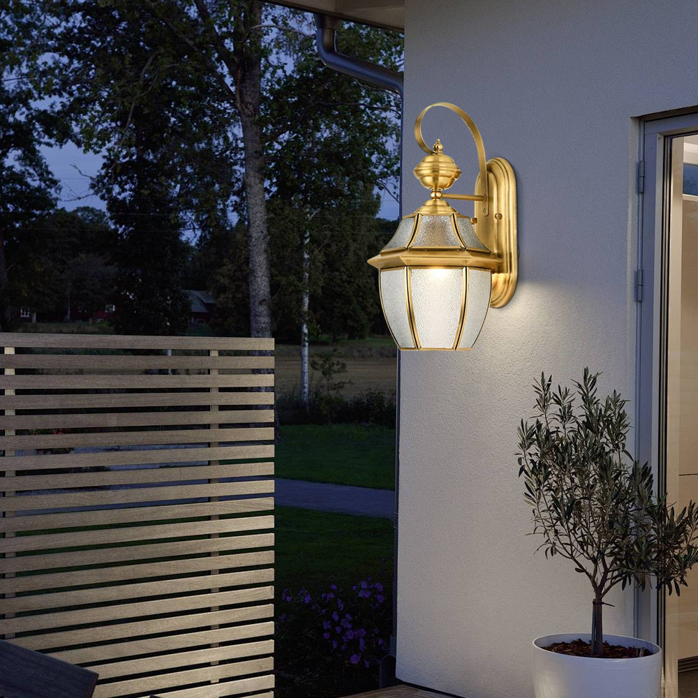 Vintage Metal Glass Lantern Outdoor Wall Lamp Gold