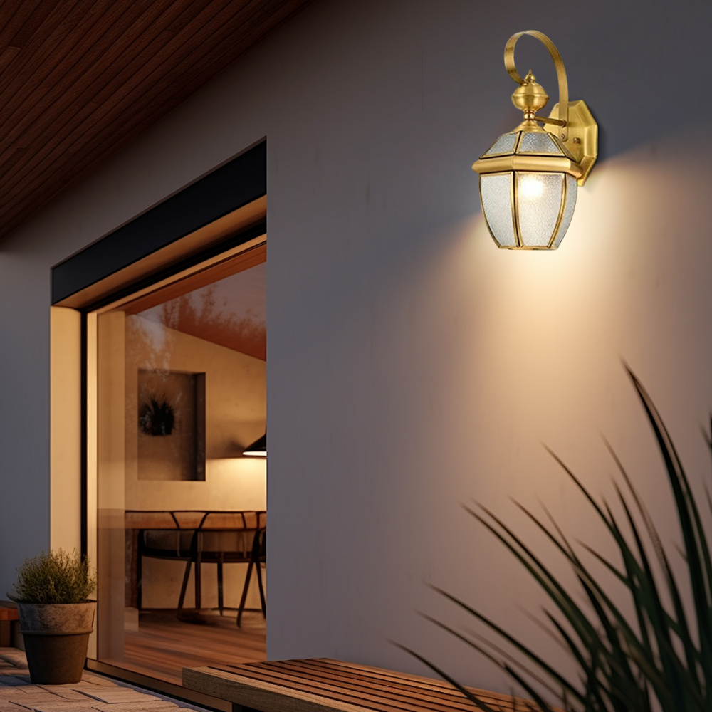 Vintage Metal Glass Lantern Outdoor Wall Lamp Gold