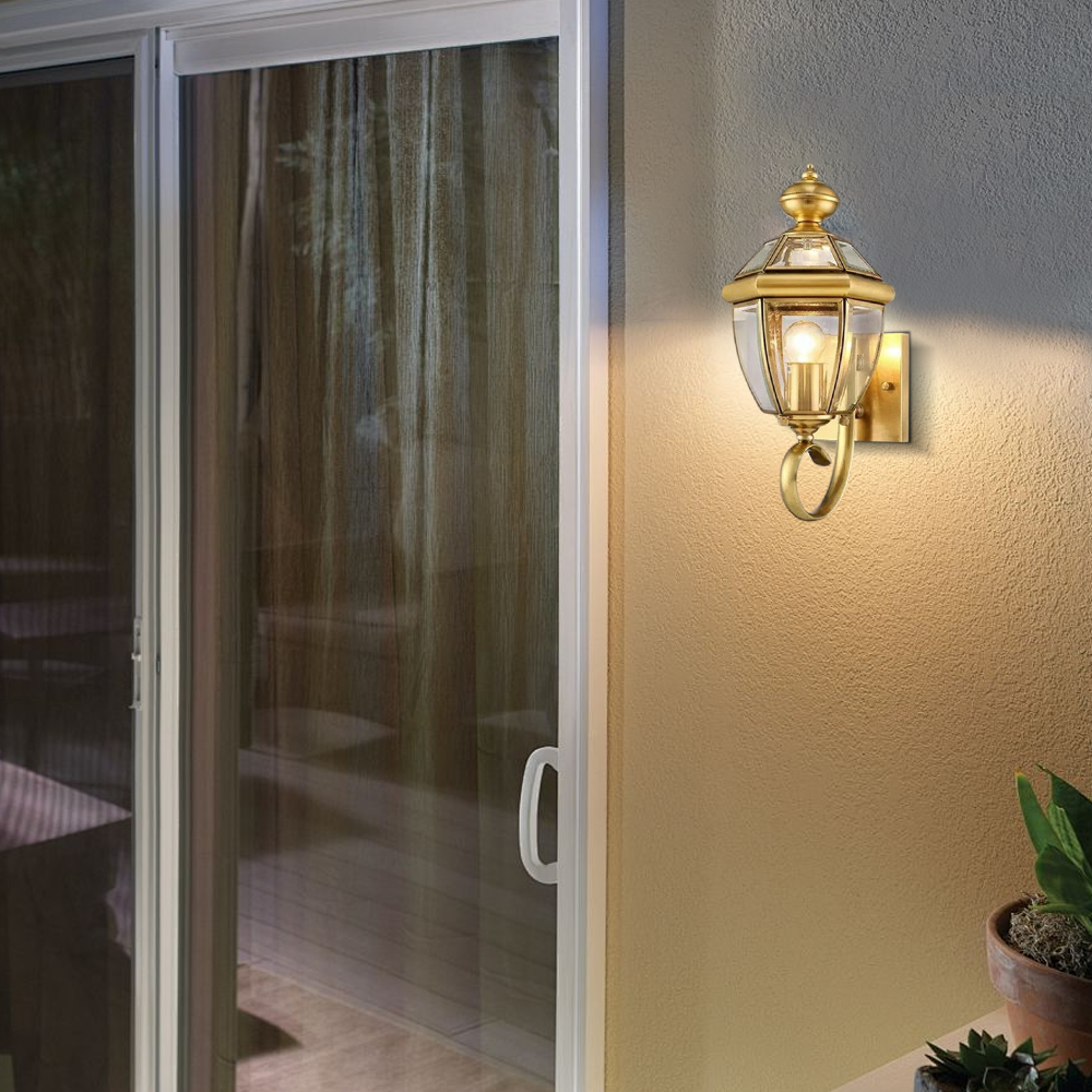 Vintage Metal Glass Lantern Outdoor Wall Lamp Gold