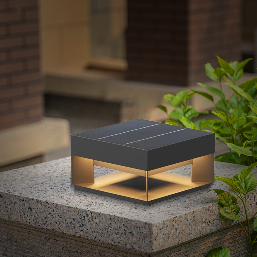 Modern Metal Rectangular Black Solar Outdoor Pillar Light Garden