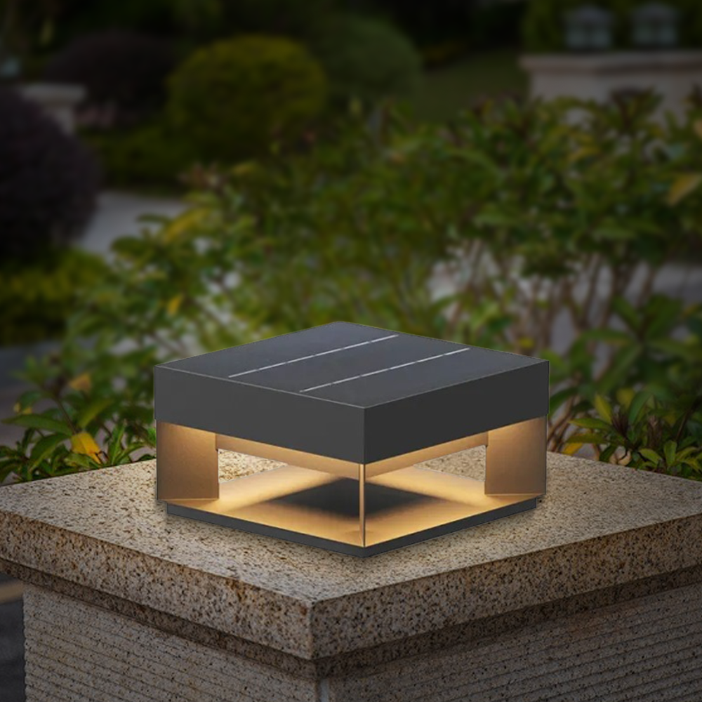 Modern Metal Rectangular Black Solar Outdoor Pillar Light Garden