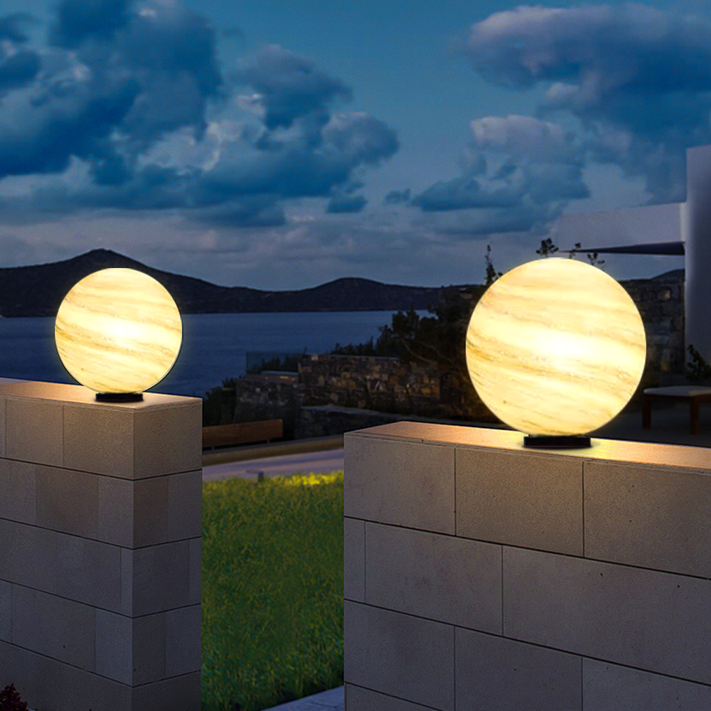 Art Deco Metal Globular Yellow Solar Outdoor Pillar Light Garden