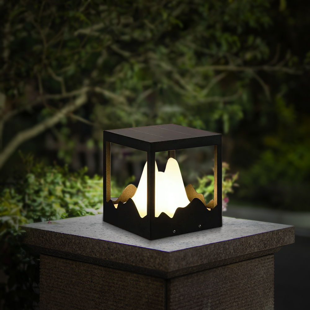 Designer Metal Mountain Solar Black Outdoor Pillar Light
