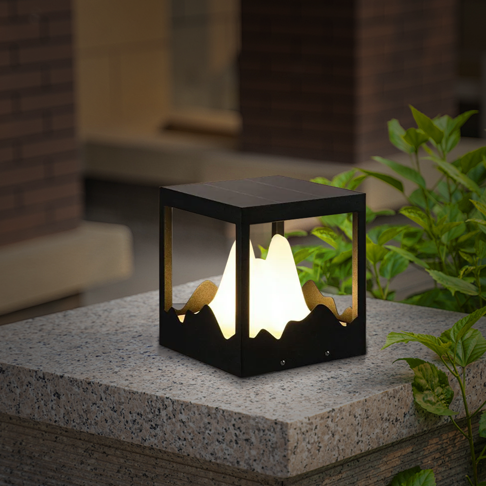 Designer Metal Mountain Solar Black Outdoor Pillar Light