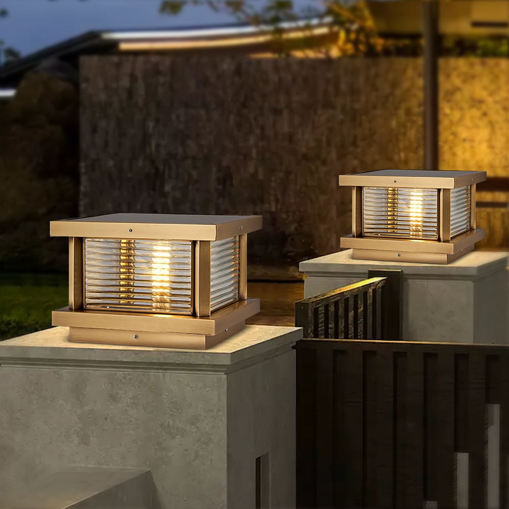 Modern Metal Glass Square Black Brass Bronze Outdoor Pillar Light Outdoor