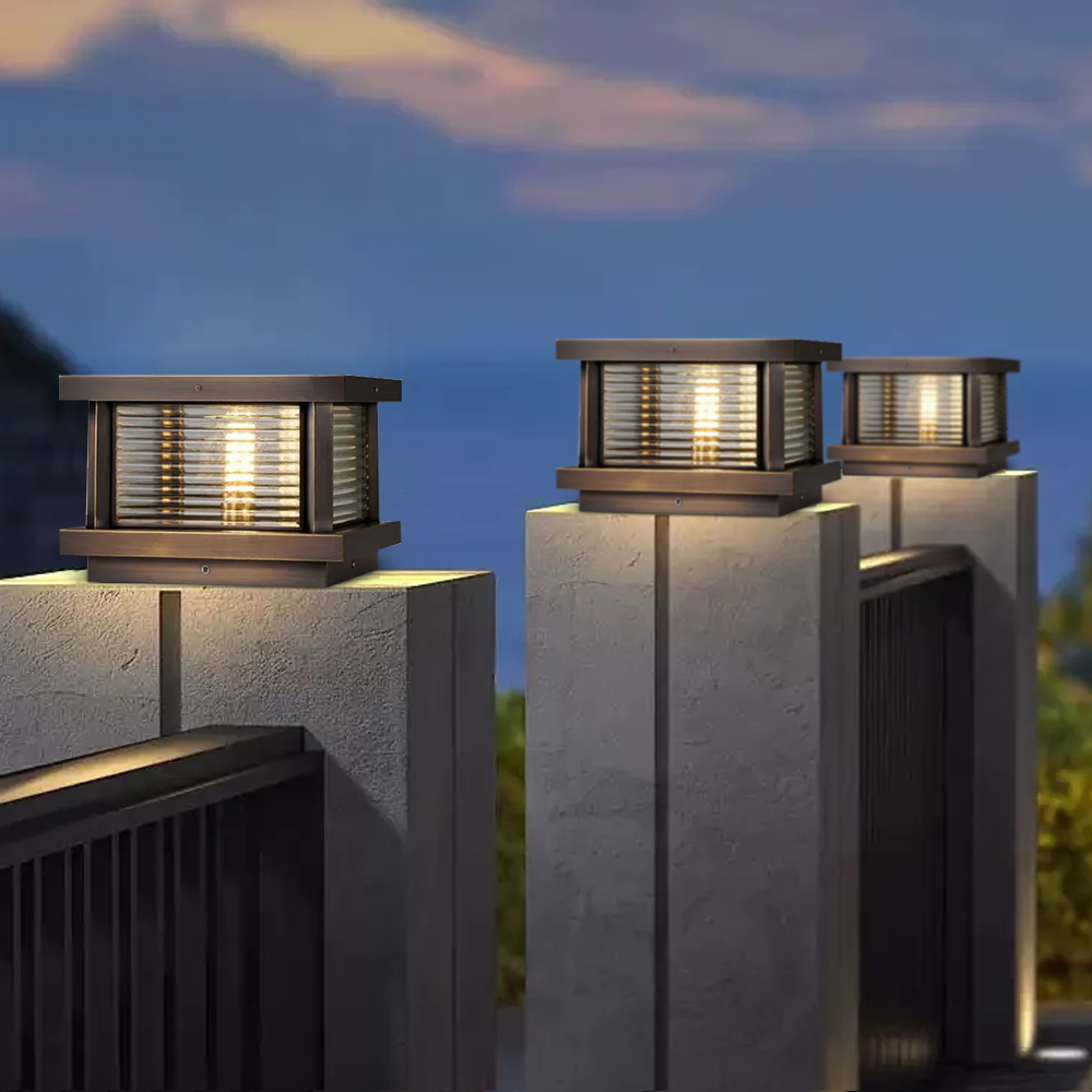 Modern Metal Glass Square Black Brass Bronze Outdoor Pillar Light Outdoor