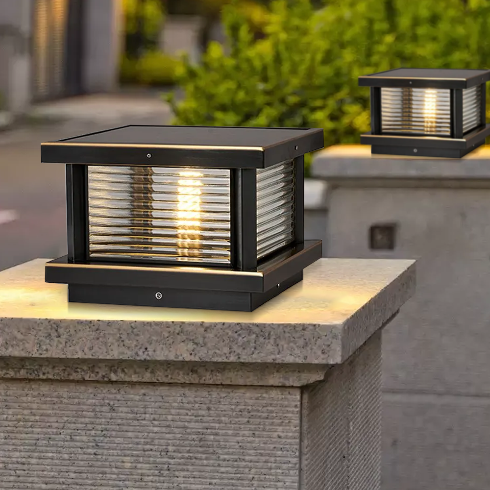 Modern Metal Glass Square Black Brass Bronze Outdoor Pillar Light Outdoor