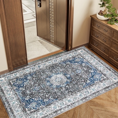 Distressed Riofu Polypropylene Dark Grey Rug Bedroom