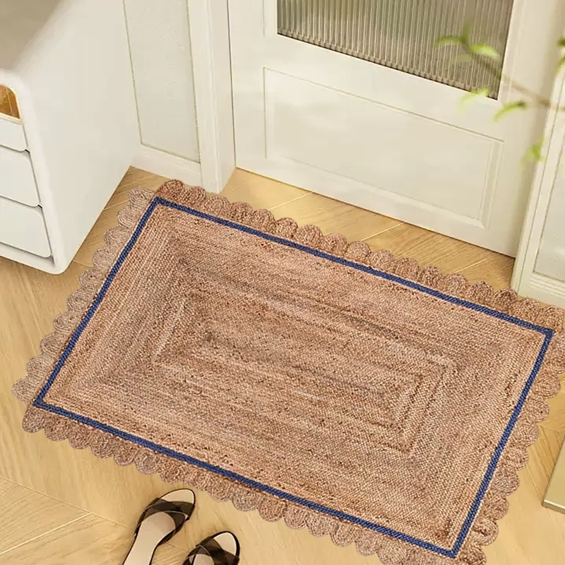 Anna Scalloped Riofu Jute Blue Rug Bedroom