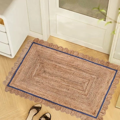 Anna Scalloped Riofu Jute Blue Rug Bedroom