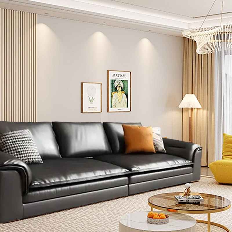 Modern Riofu Black Interface Genuine Leather Sofa Living Room