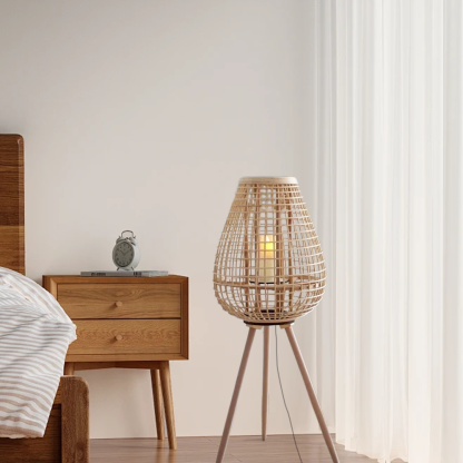 Farmhouse Rattan Egg-shaped Log Color Floor Lamp Bedroom