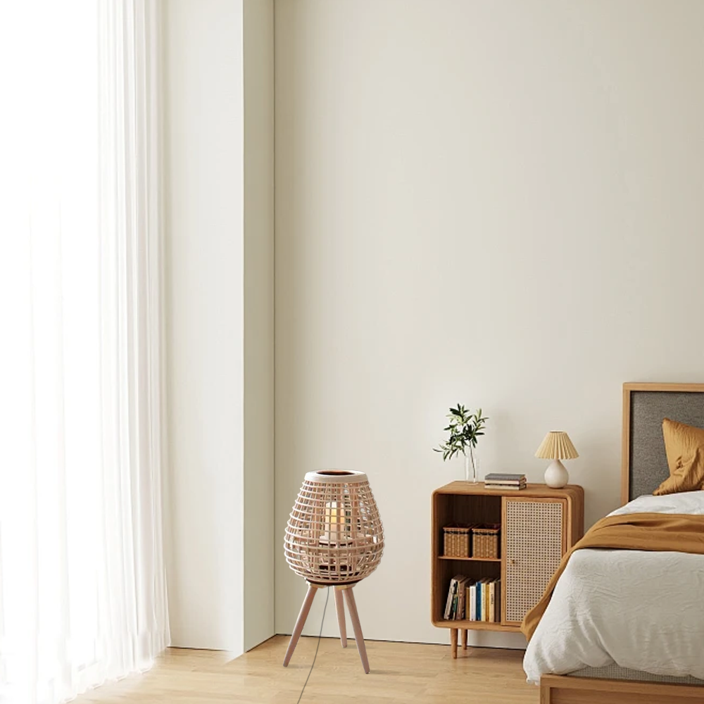 Farmhouse Rattan Egg-shaped Log Color Floor Lamp Bedroom