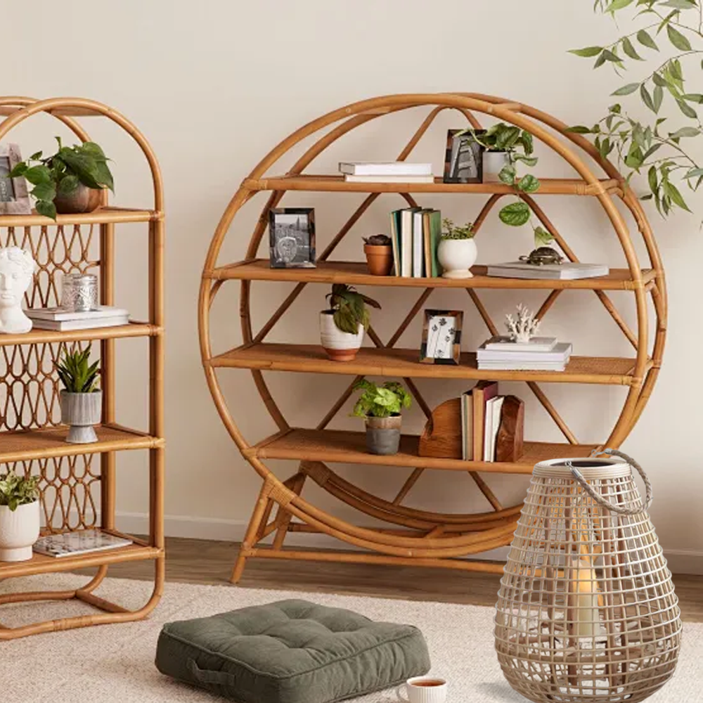 Farmhouse Rattan Egg-shaped Log Color Floor Lamp Bedroom