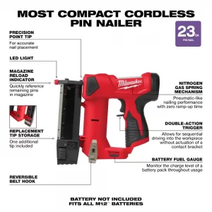 Milwaukee 2540-20-48-11-2420 M12 12-Volt 23-Gauge Lithium-Ion Cordless Pin Nailer with M12 2.0 Ah Battery