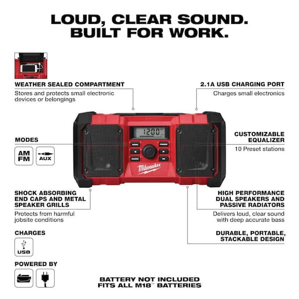 Milwaukee 2890-20 M18 18-Volt Lithium-Ion Cordless Jobsite Radio - 3