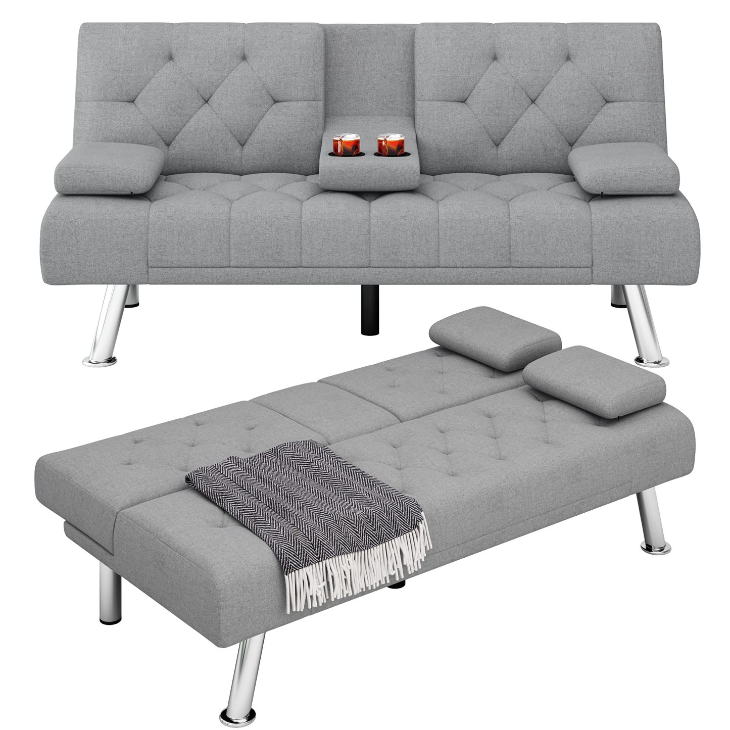 Homfa Sofá cama futón convertible, sofá cama plegable de 66.3 pulgadas con reposabrazos extraíbles y 2 portavasos para sala de estar, acabado gris-almohada