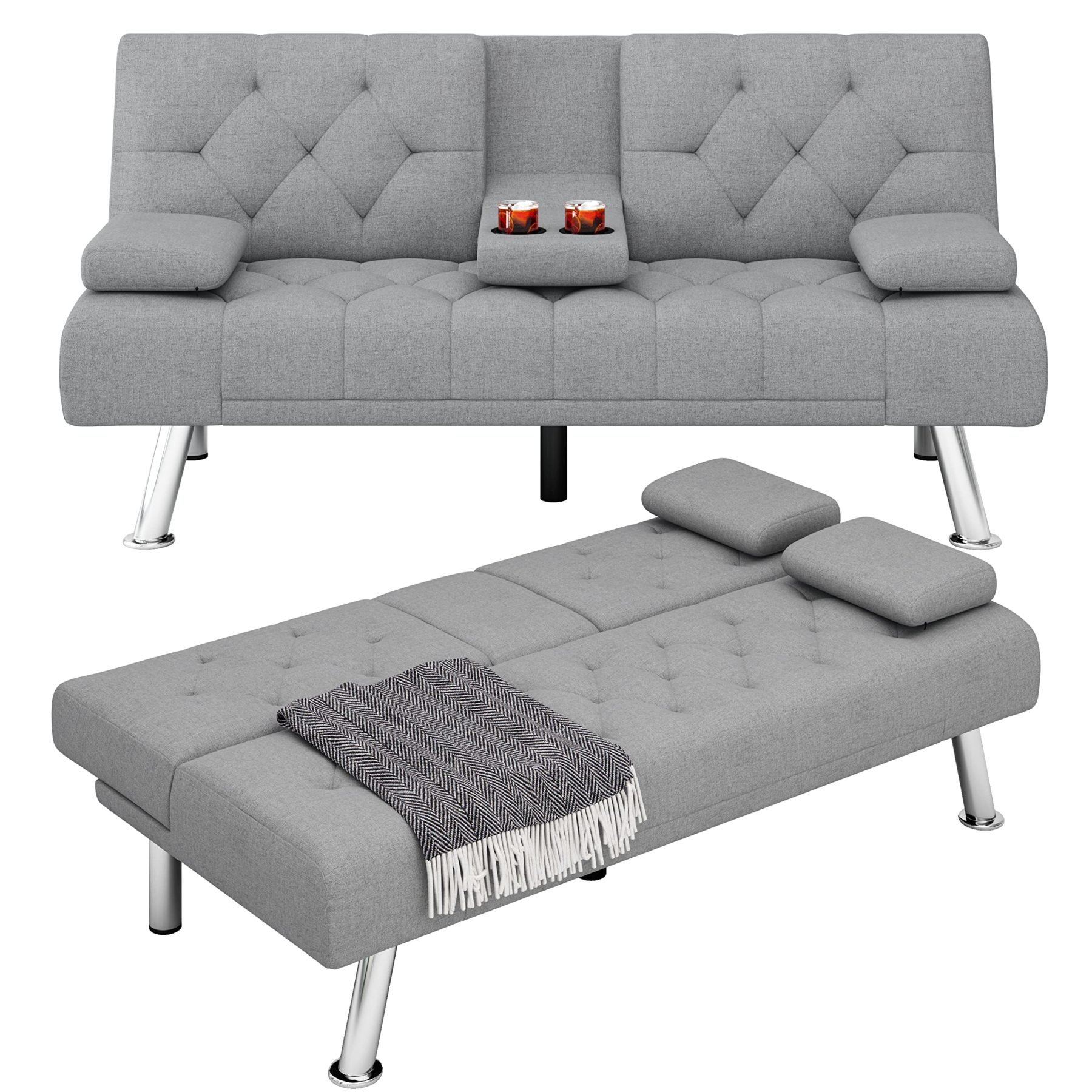 Homfa Sofá cama futón convertible, sofá cama plegable de 66.3 pulgadas con reposabrazos extraíbles y 2 portavasos para sala de estar, acabado gris-almohada