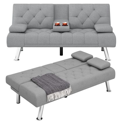 Homfa Sofá cama futón convertible, sofá cama plegable de 66.3 pulgadas con reposabrazos extraíbles y 2 portavasos para sala de estar, acabado gris-almohada