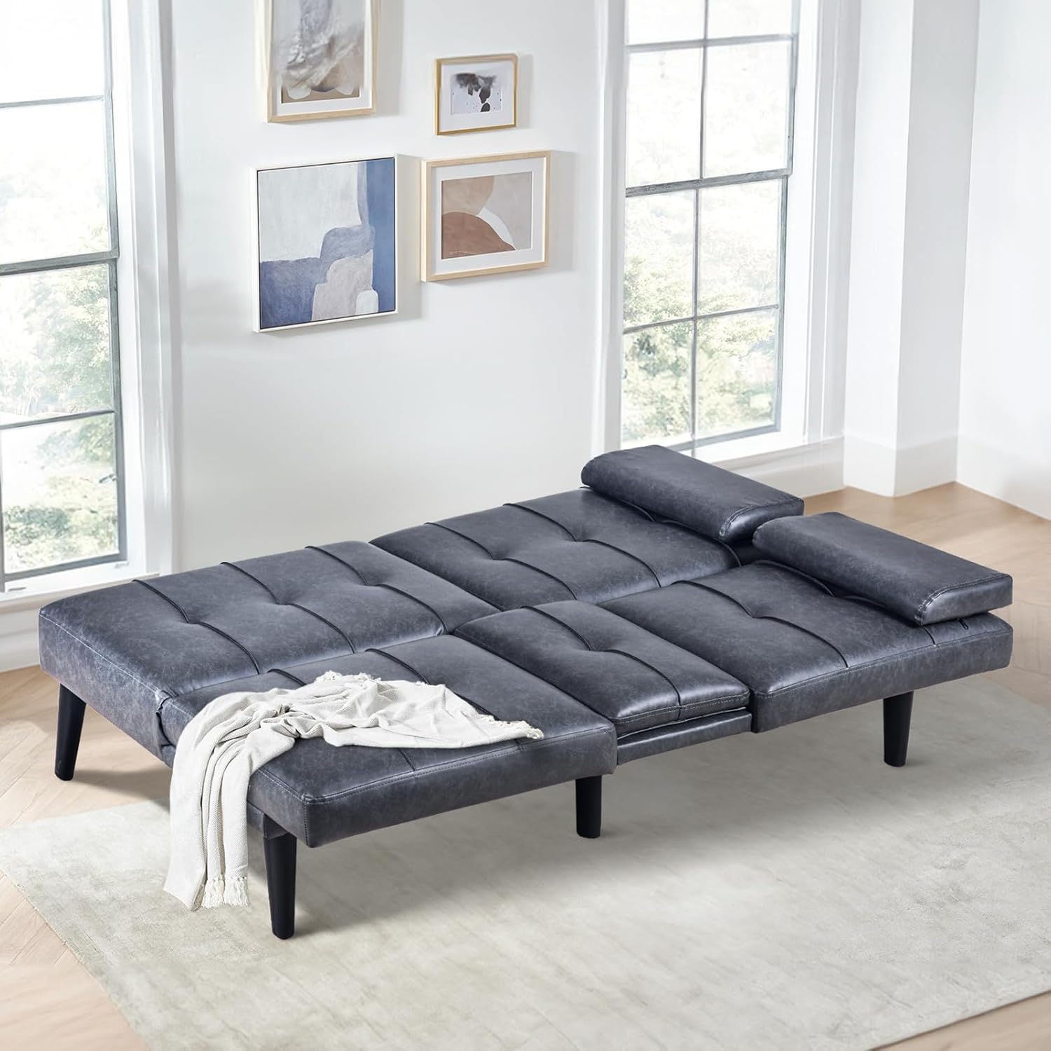 COLAMY - Sofá Cama de futón pequeño, de Piel, futón, sofá de salón, futón Convertible con Soporte para Tazas, reposabrazos extraíble, Respaldo Ajustable, Gris Oscuro