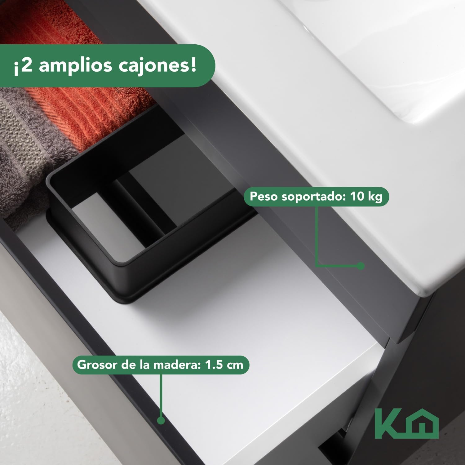 Kingshouse | Gabinete para Baño con Ovalín y Monomando – Mueble de Baño Lavamanos con 2 Cajones – Lavabo – Gabiente Organizador - Color Gris Mate – Fibra de Madera MDF – Lavamanos De Cerámica