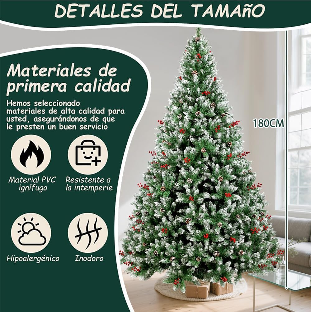 Árbol de Navidad (1.8 M), Árbol de Navidad Artificial, Bayas Rojas y Piñones, Efecto Nevado, Decoración Navideña para Interior y Exterior, Regalo de Navidad