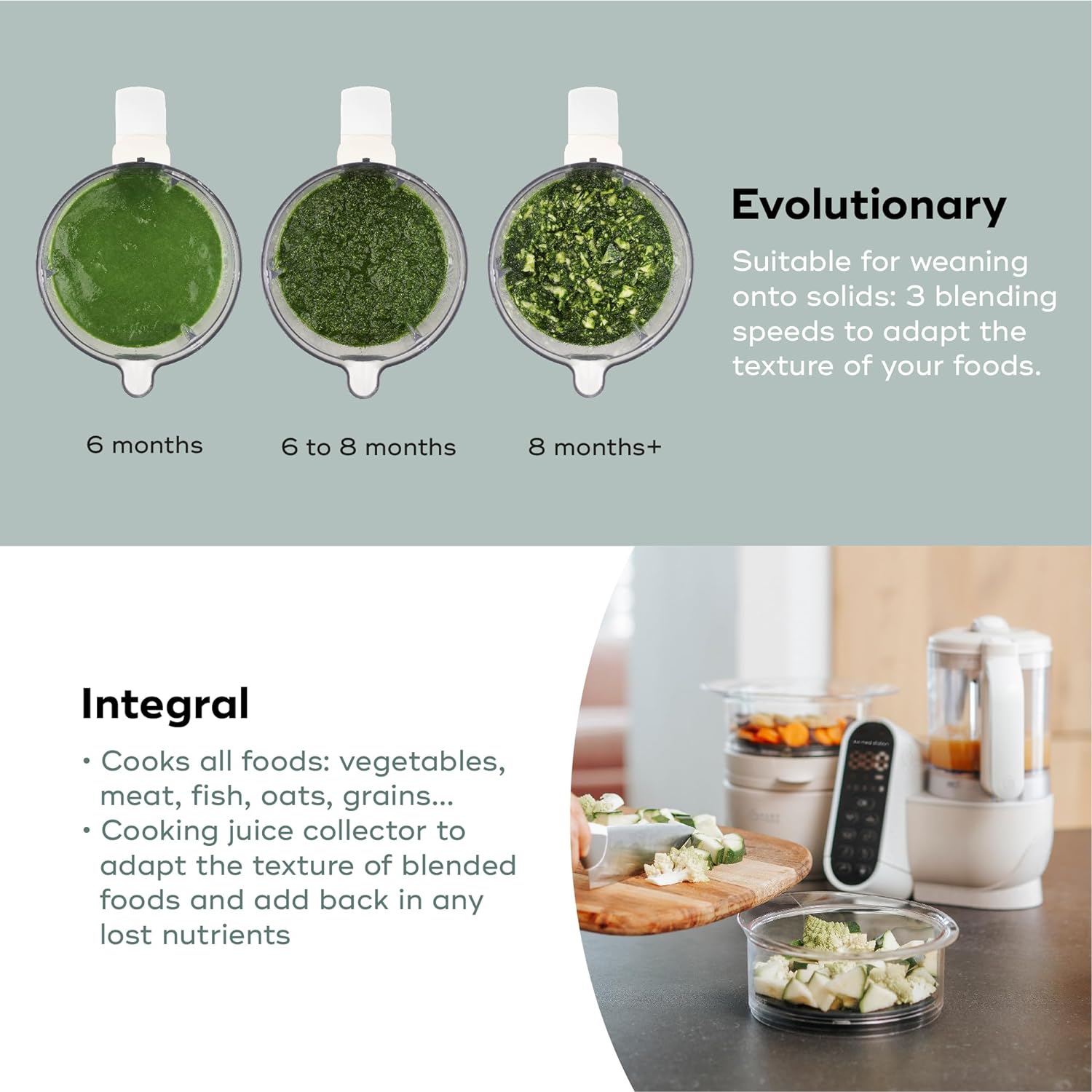 Babymoov Duo Meal 6 en 1: Procesador de Alimentos para Bebés con Vaporizador y Licuadora de Velocidades Múltiples, Calienta y Descongela (Aprobado por Nutricionistas), Gris