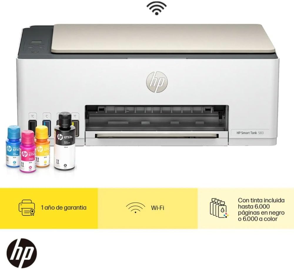 HP Impresora Multifuncional Smart Tank 585, Tinta Continua, Color, Wi-Fi, Dúplex (Doble Cara) Manual, Impresión Desde Smart App, hasta 2 años de Garantía* (1F3Y4A)