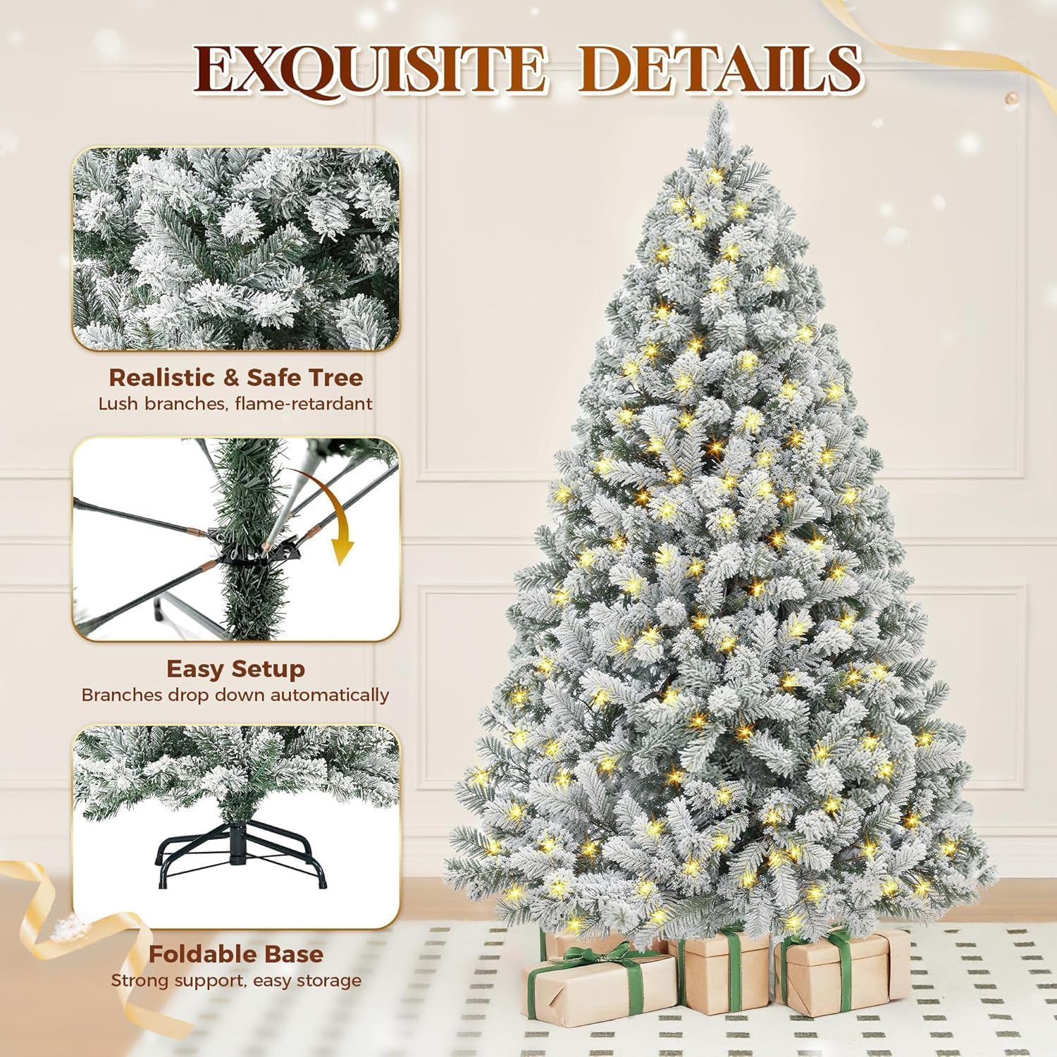 DAHAN Árbol de Navidad Nevado con 250 Luces LED Integradas, 1.8M, PVC y PE, 1072 Puntas, Control por App, Multicolor y Blanco Cálido, Base de Metal