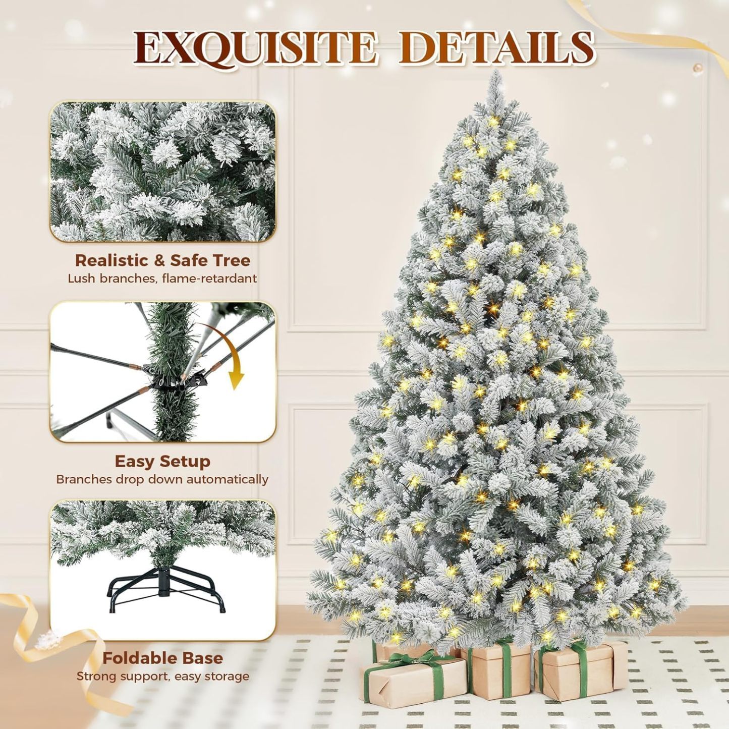 DAHAN Árbol de Navidad Nevado con 250 Luces LED Integradas, 1.8M, PVC y PE, 1072 Puntas, Control por App, Multicolor y Blanco Cálido, Base de Metal