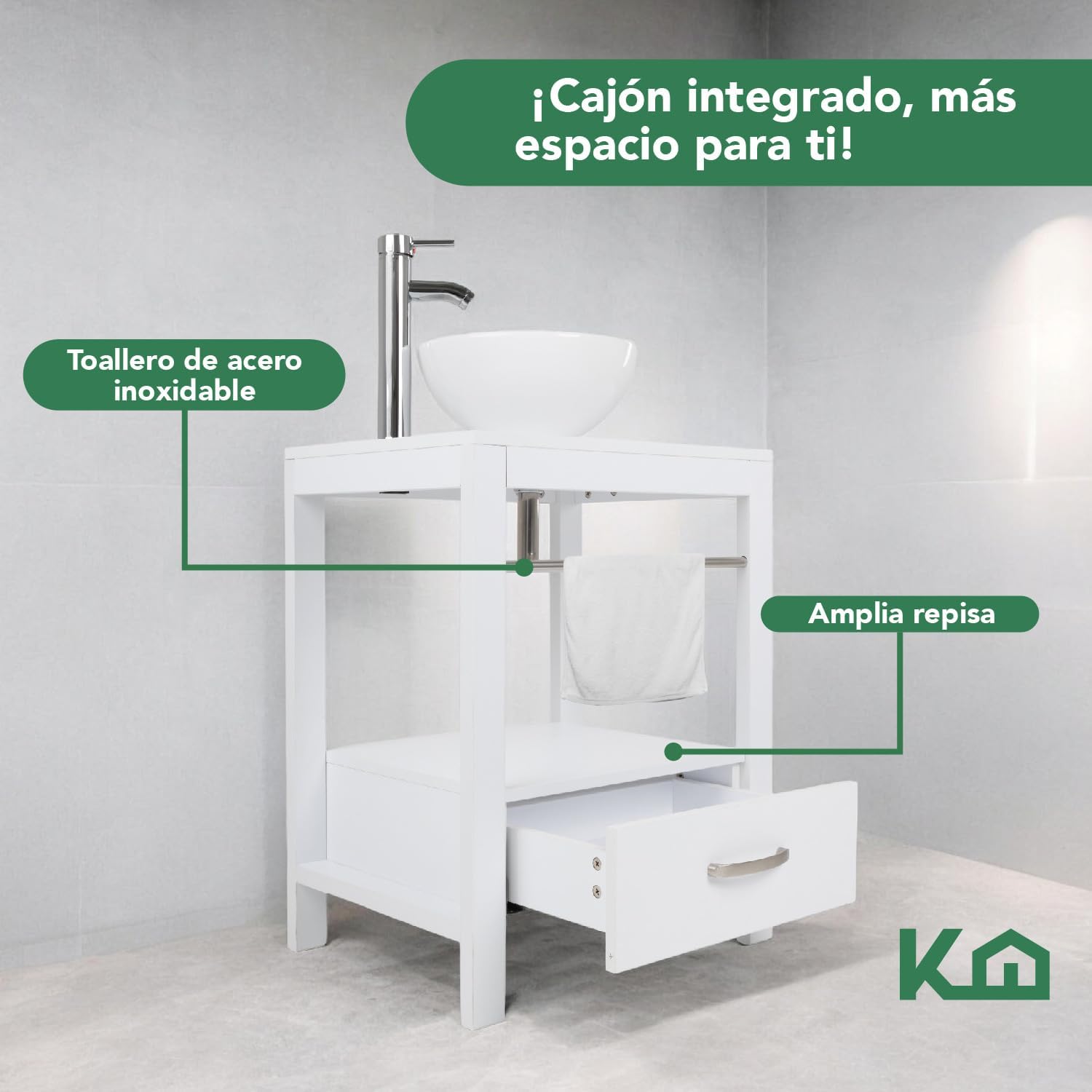 Kingshouse | Gabinete para Baño con Ovalín y Monomando – Mueble de Baño Lavamanos con 2 Cajones – Lavabo – Gabiente Organizador - Color Gris Mate – Fibra de Madera MDF – Lavamanos De Cerámica