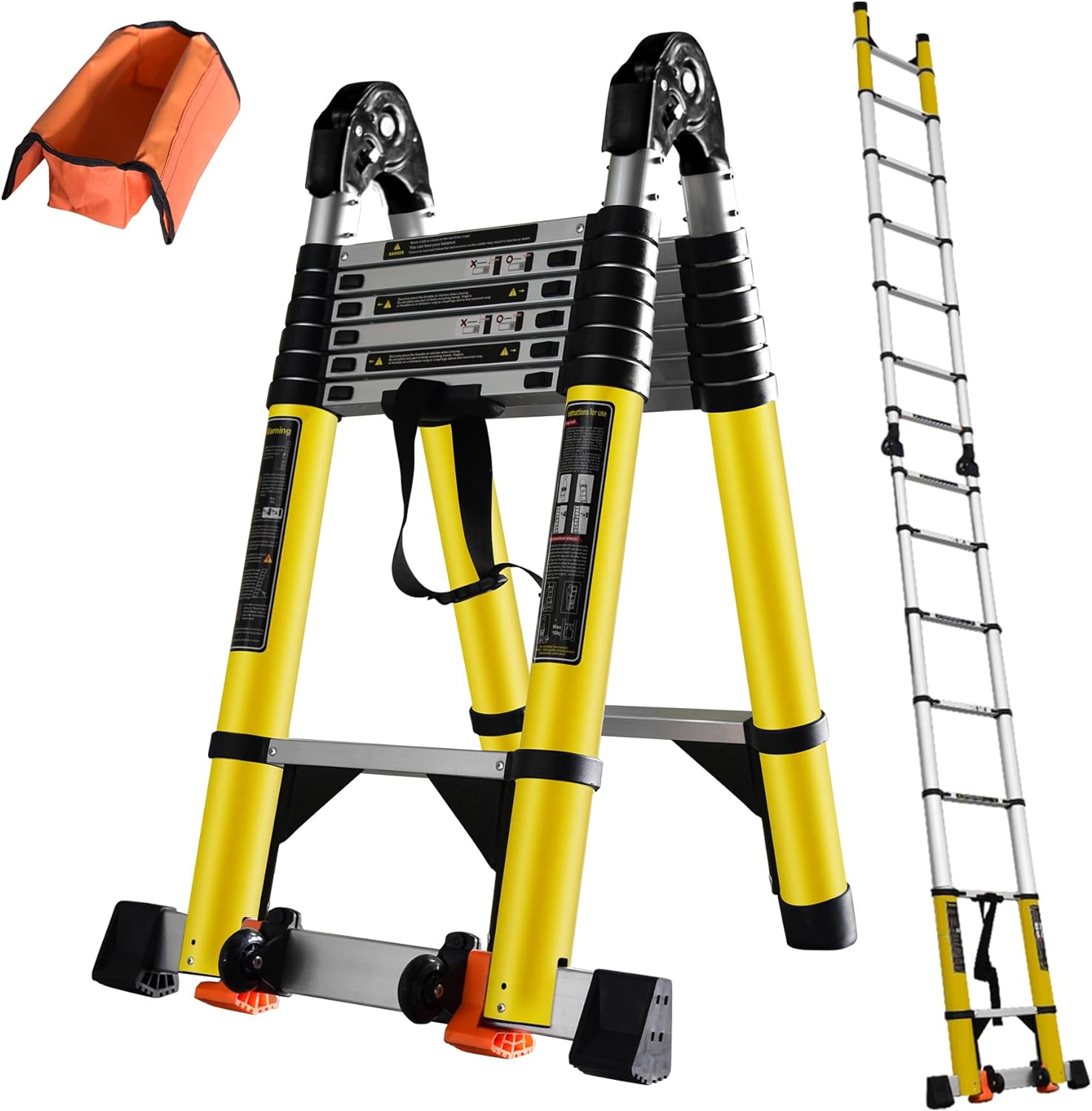 Escalera telescópica de 18 pies con marco A portátil, de aluminio, plegable hasta 38 pulgadas de ancho. Estabilizador/ruedas/soporte de carga ajustable, plegable, escaleras de escalón de 7 + 7 pies-llave inglesa