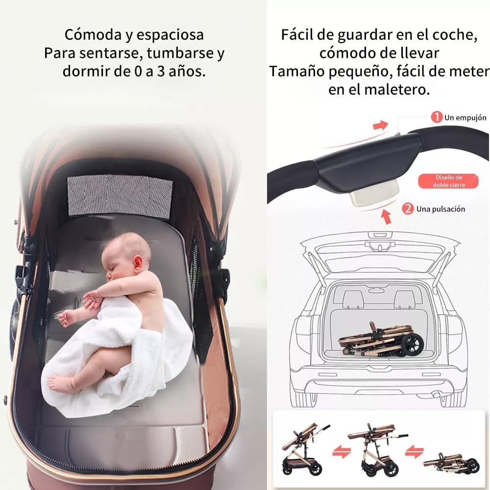 FINYQBET Carrito De Bebé Plegable Universal Para Cuatro Estaciones Sillas De Paseo para Bebés De Alta Vista para Bebés Recién Nacidos, Implementación Bidireccional Multifuncional Y Segura Caqui
