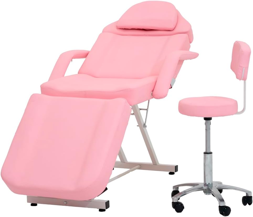 VANLIG Silla Camilla de Masaje y Estética | Reclinable y Ajustable | Incluye Banco con Ruedas | Soporta hasta 180 kg | Ideal para SPA, Faciales, Tatuajes y Belleza | Color Rosa