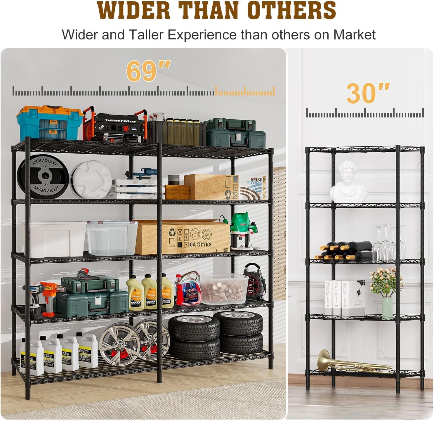 Uptyia Estante de Almacenamiento de 5 Niveles,Metálico y Ajustable,Gran Capacidad de 500KG,Estante Organizador para Cocina,Garaje,Supermercado,Negro 69" W x 72.5" H x 15.75" D