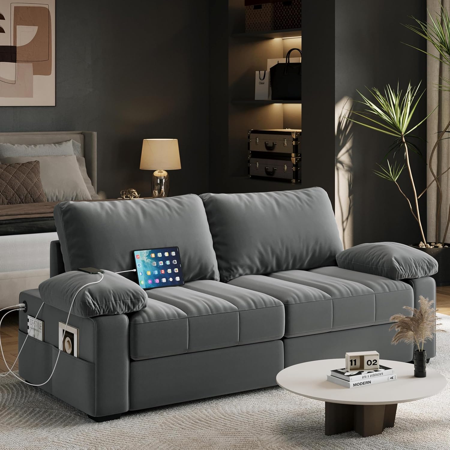 Yaheetech - Sofá de terciopelo de 79 pulgadas con bolsillos de almacenamiento y puertos USB, almohada y funda extraíbles, sofá moderno y cómodo sofá de dos plazas para sala de estar, departamento
