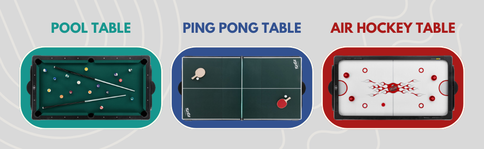 Mesa de billar, mesa de ping pong y mesa de hockey de aire