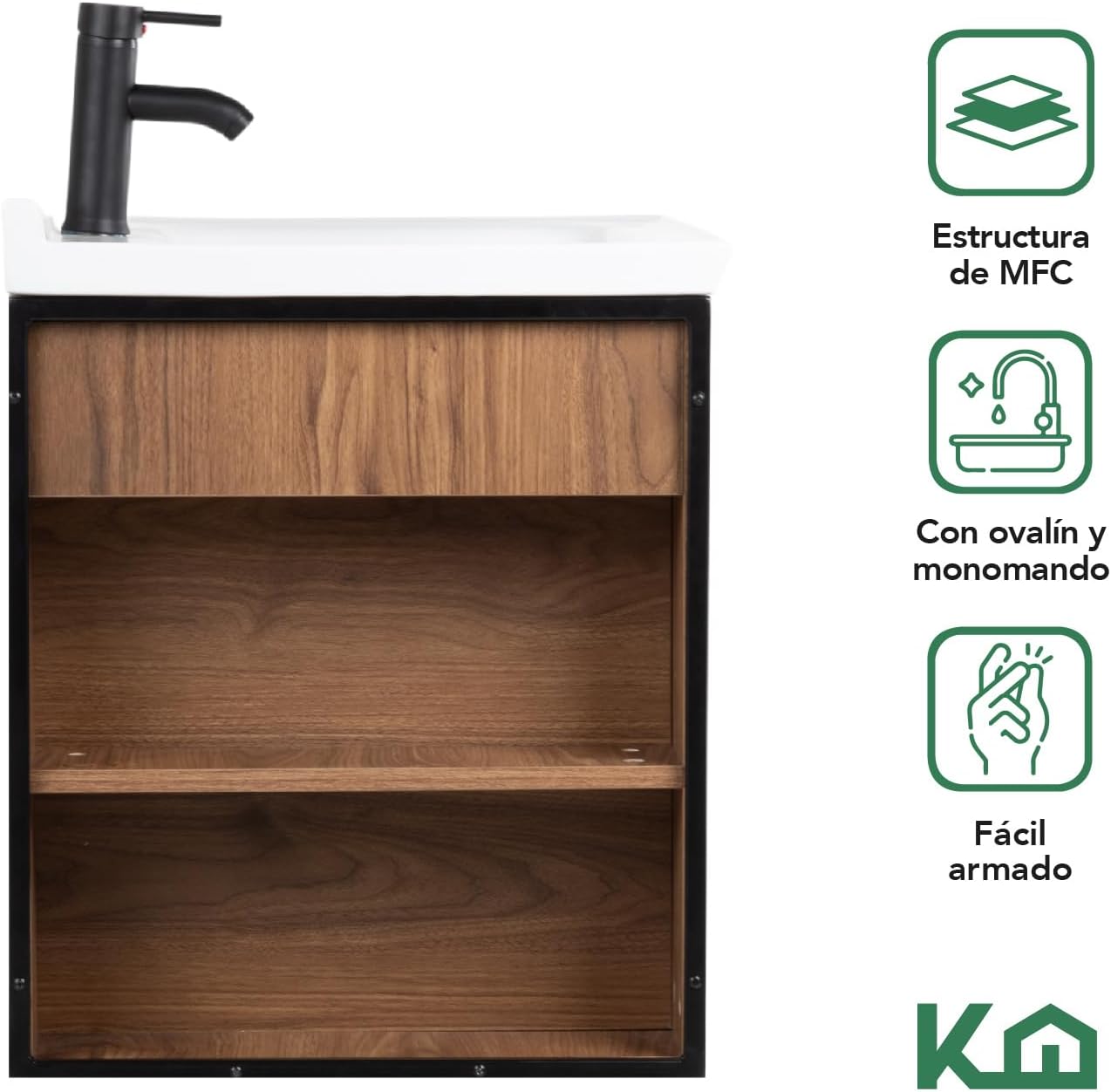 Kingshouse | Gabinete para Baño con Ovalín y Monomando – Mueble de Baño Lavamanos con 2 Cajones – Lavabo – Gabiente Organizador - Color Gris Mate – Fibra de Madera MDF – Lavamanos De Cerámica