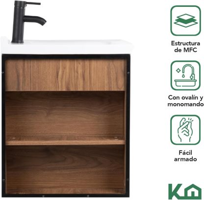 Kingshouse | Gabinete para Baño con Ovalín y Monomando – Mueble de Baño Lavamanos con 2 Cajones – Lavabo – Gabiente Organizador - Color Gris Mate – Fibra de Madera MDF – Lavamanos De Cerámica