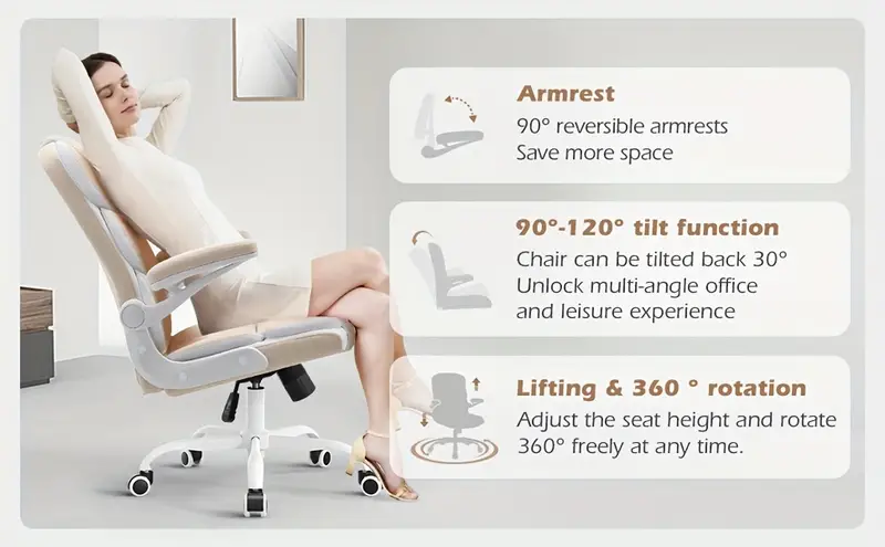 Silla de   Ergonómica de Terciopelo Beige con Soporte Lumbar, Apoyabrazos Ajustables y Base   - Silla de Escritorio Ejecutiva Cómoda para el Hogar, Estudio o Dormitorio detalles 1